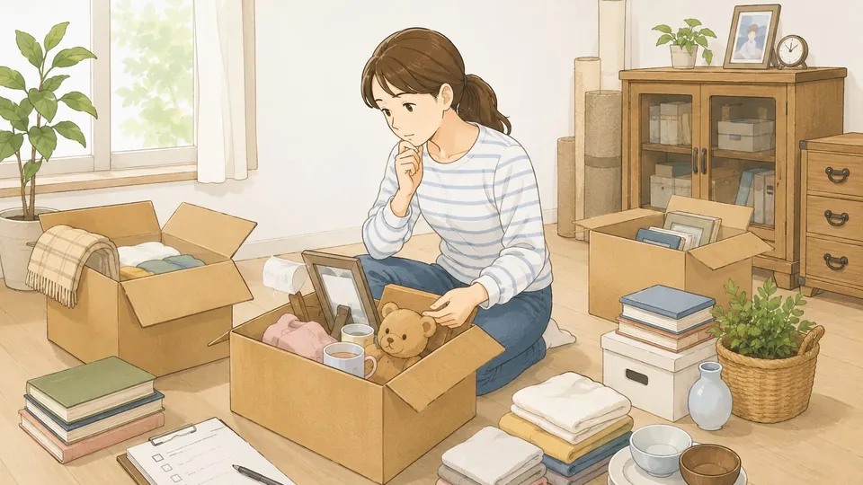 実家の片付けで思い出の品を仕分けする女性